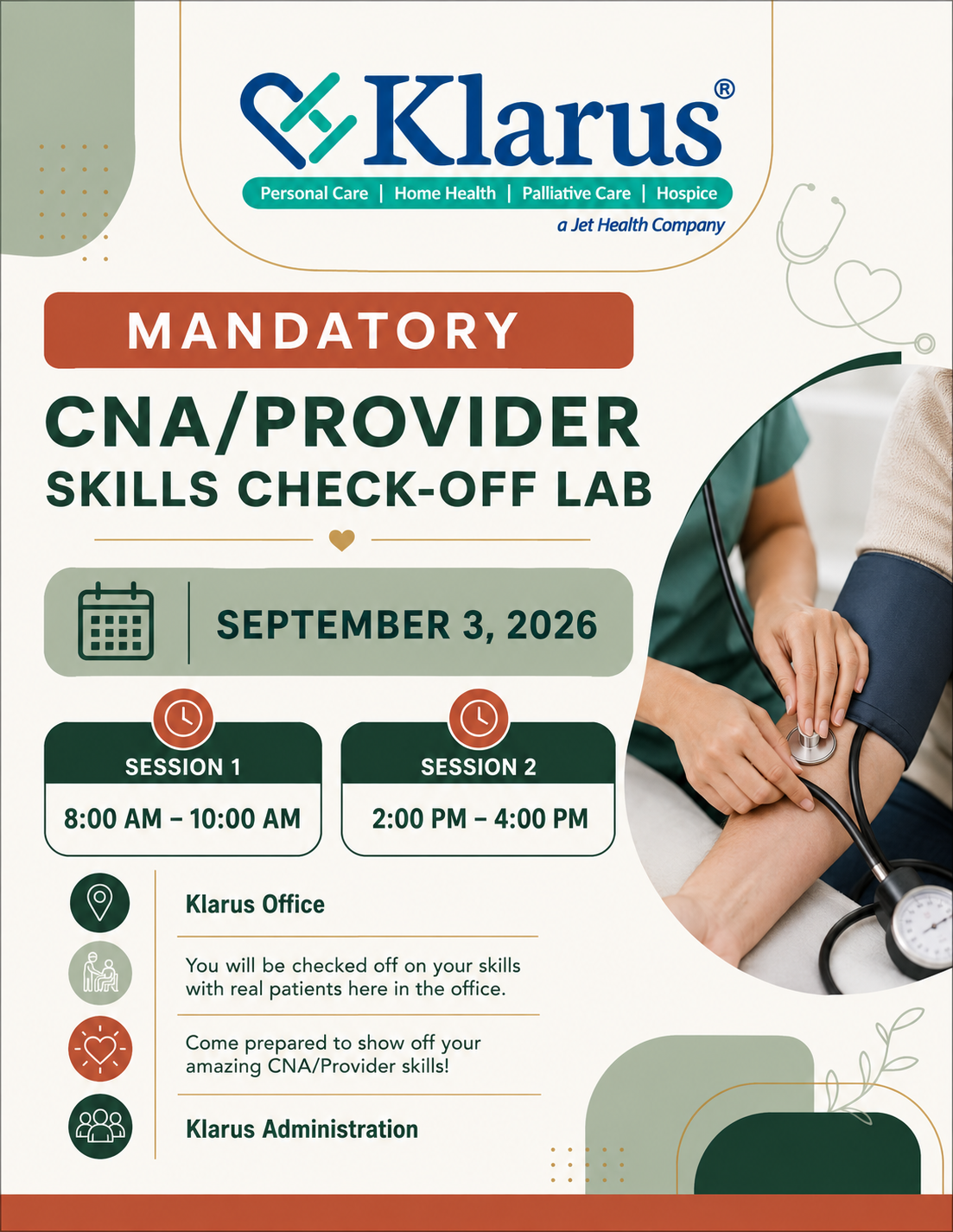 Mandatory CNA and Provider Skills Check-Off Lab flyer designed for Klarus